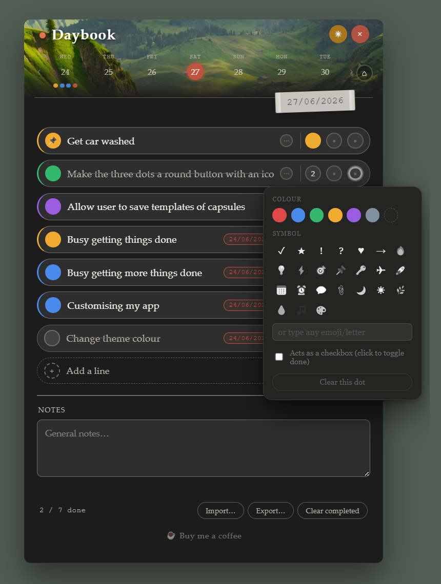 Daybook app showing a day's to-do list with coloured dots and a symbol picker